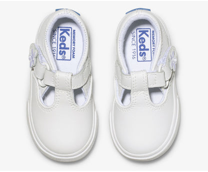 Girls Big Kid's Daphne T-Strap Leather Sneaker White - Keds